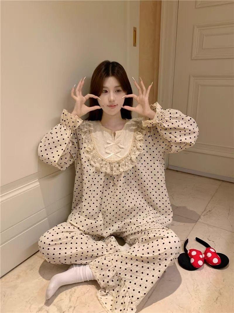 Product Introduction of Bộ Đồ Ngủ, Thiết Kế Ren Và Chấm Bi Ngọt Ngào Dành Cho Nữ, Áo Dài Tay, Quần Dài, Phong Cách Công Chúa, Hàng Mới Về Cho Mùa Xuân Và Mùa Thu Năm 2024 20