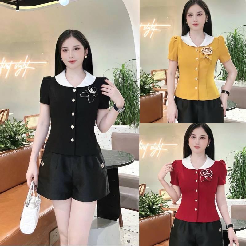 ÁO Peplum A53 cổ bẻ tay cộc phối hoa ở ngực siêu xinh (Không kèm quần hoặc CV)