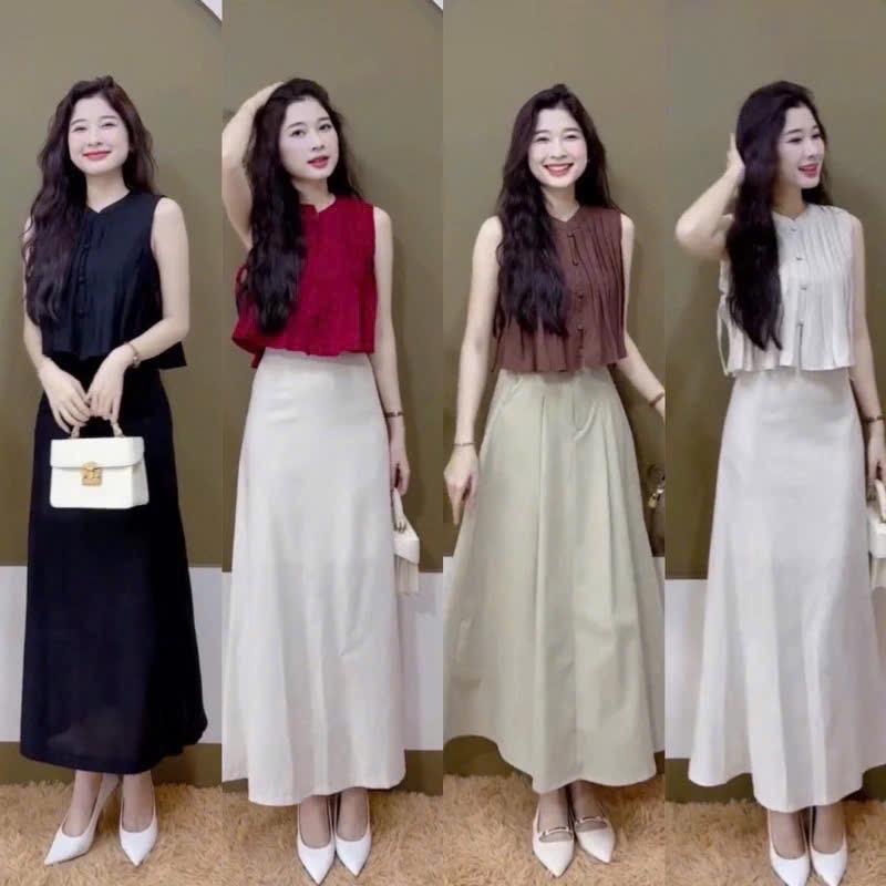 DL33- sét váy nữ mango, áo xếp ly nút bọc form xòe, chân váy mango dáng dài (Hoa pink-freesize 38-55kg) Women