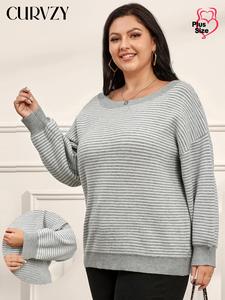 CURVZY Plus Size Striped Print Drop Shoulder Sweater, Casual Long Sleeve Boat Neck Jumper for Fall & Winter, Women's Clothing for Daily Wear