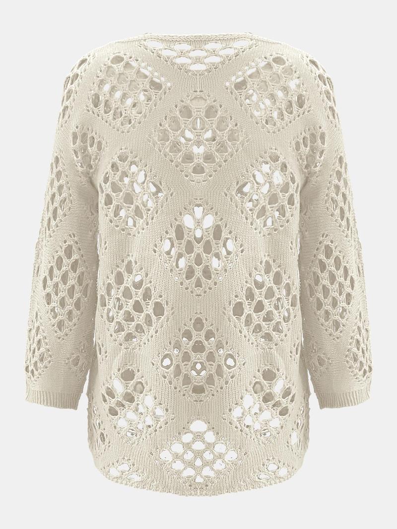 Product Introduction of Women's Plain Hollow Out Sheer Sweater Pullover, Casual Long Sleeve Jumper for Summer, Fashion Women's Knitwear for Daily Wear 3