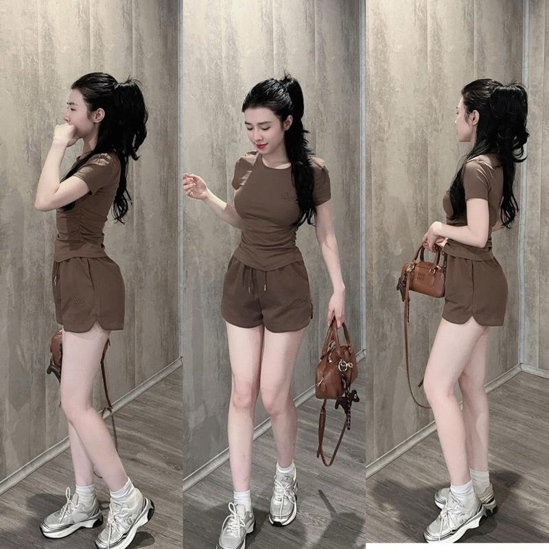 Set bộ BAD thêu Đồ Nữ Trơn Basic Ôm Body Áo Nhún Rúm Eo Ngắn Tay Mix Quần Đùi (BỘ NHÚN EO TRƠN) 1