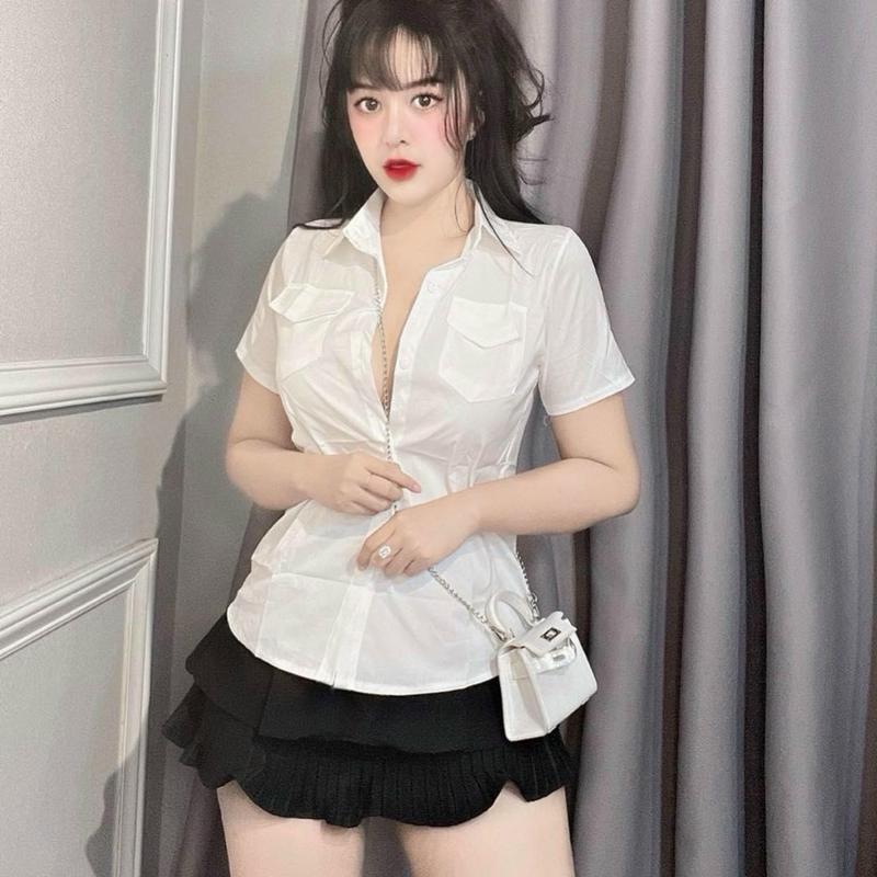 Sơ mi nữ tay ngắn túi hộp hàng hót bán quanh năm Áo Top Shirt Women Jean Voi