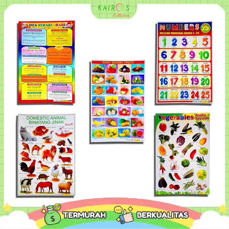 Paket 10 Poster Belajar Anak Edukasi Angka, Huruf, Binatang, Buah, Sayur, Random Motif Karton Sekolah Stationery 3