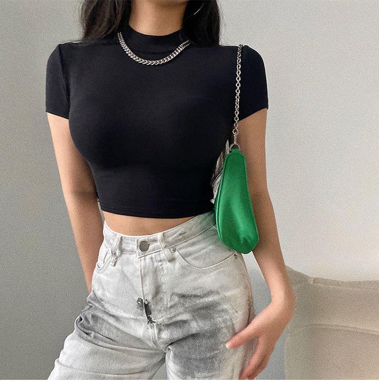 Product Introduction of Summer New European and American Basic Style Small round Neck Cropped T-shirt Stretch Tight Short Sleeve Bottoming Top for Women Lingerie Lady Streetwear Casual Minimalist Womenswear Comfort 13