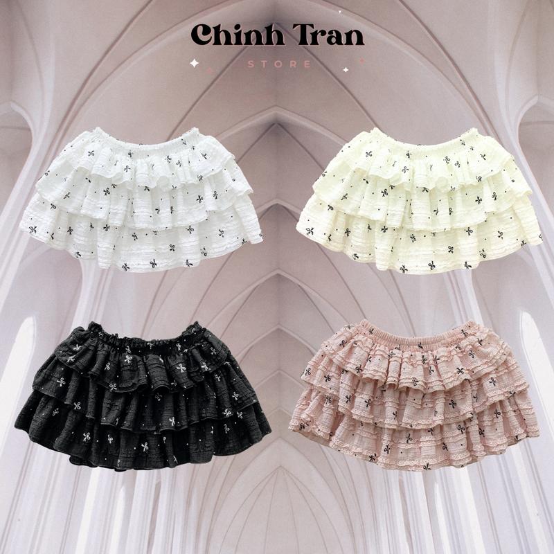 Chân Váy Nữ Nhún Bèo In Họa Tiết Nơ 3 Tầng Coquette Dáng Ngắn Dễ Thương