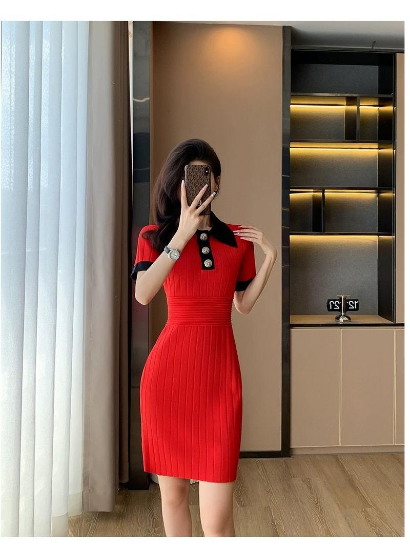 Product Introduction of Váy Dệt Kim Lụa Lạnh Cổ Polo Phong Cách Cổ Điển, Ôm Vừa Vặn, Váy Bodycon Ngắn, Cao Cấp, Hàng Mới Về Mùa Hè 24 Năm Nữ Dress Đen 8