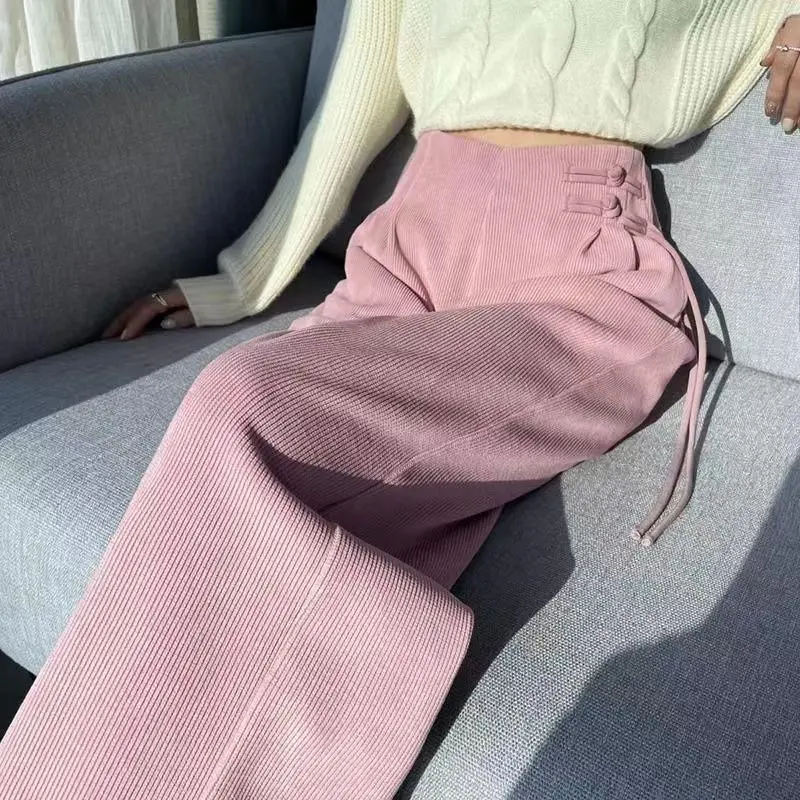 Quần Ống Rộng, Phong Cách Trung Quốc Mới, Lót Lông Cừu Chenille Phiên Bản Hẹp, Dày Dặn, Dành Cho Nữ, Thích Hợp Cho Mùa Thu Và Mùa Đông, Cạp Cao, Mỏng Vừa Vặn, Quần quét đất Nhà Thẳng