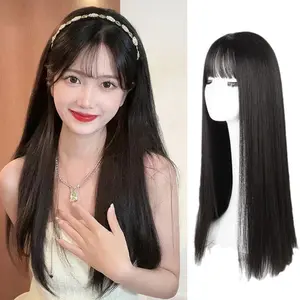 Rambut panjang palsu Hair Degan Poni Wanita Hitam Full Lace Panjang Hair Smooth Clip 70cm