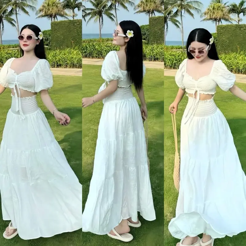 Sét maxi đi biển Xốp xoè 4 màu  - Nhà Lỳ Có Maxi Nữ Áo Women Xếp Ly Bo Chun 5