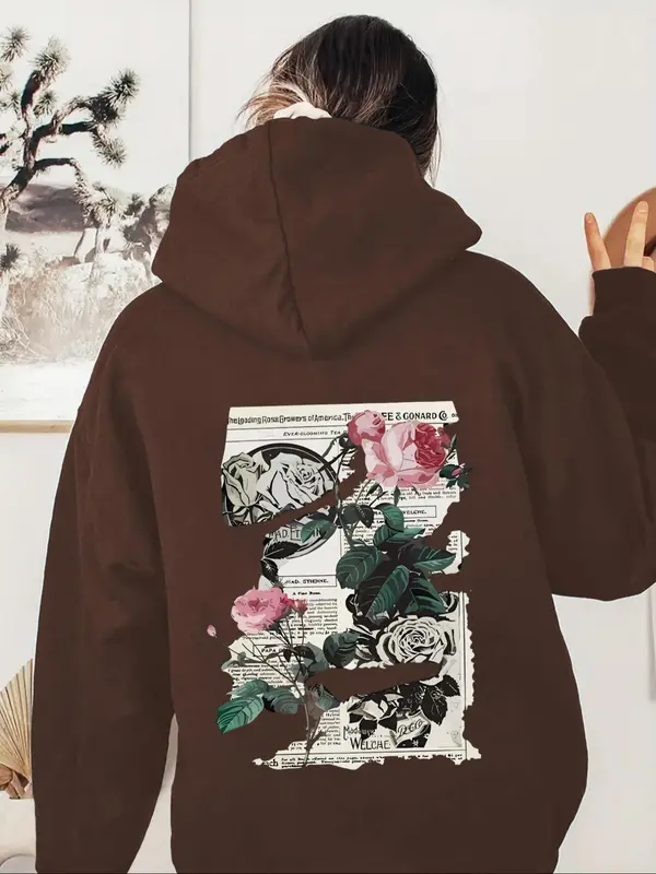 Women's Floral & Newspaper Print Drop Shoulder Hoodie, Fashion Casual Drawstring Pocket Hooded Sweatshirt for Daily Holiday Outdoor Wear, Women Clothes for Fall & Winter 0