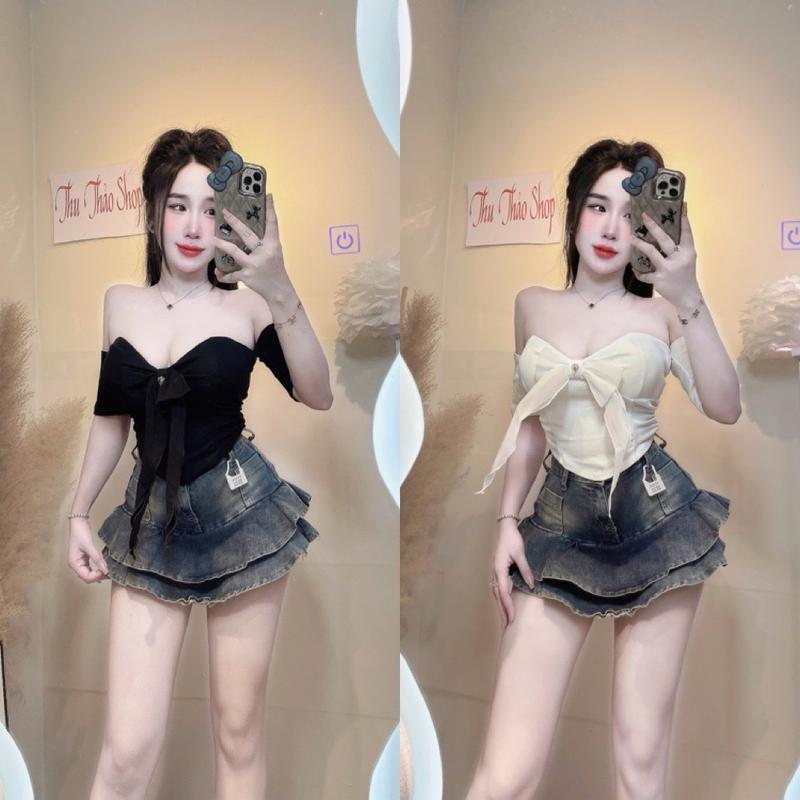 Áo ống cúp trễ vai phối nơ có kèm mút đệm fom croptop Nữ