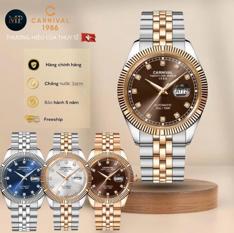 Đồng hồ nam Carnival 8131G máy cơ automatic bản viền khía dây thép đúc đặc sang trọng   MPWatch - Bảo hành 5 năm   