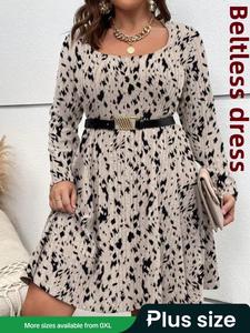 Plus Size Leopard Print Scoop Neck A Line Dress without Belt, Casual Long Sleeve High Waist Dress for Fall & Winter, Women's Clothes for Daily Wear, Casual Dresses