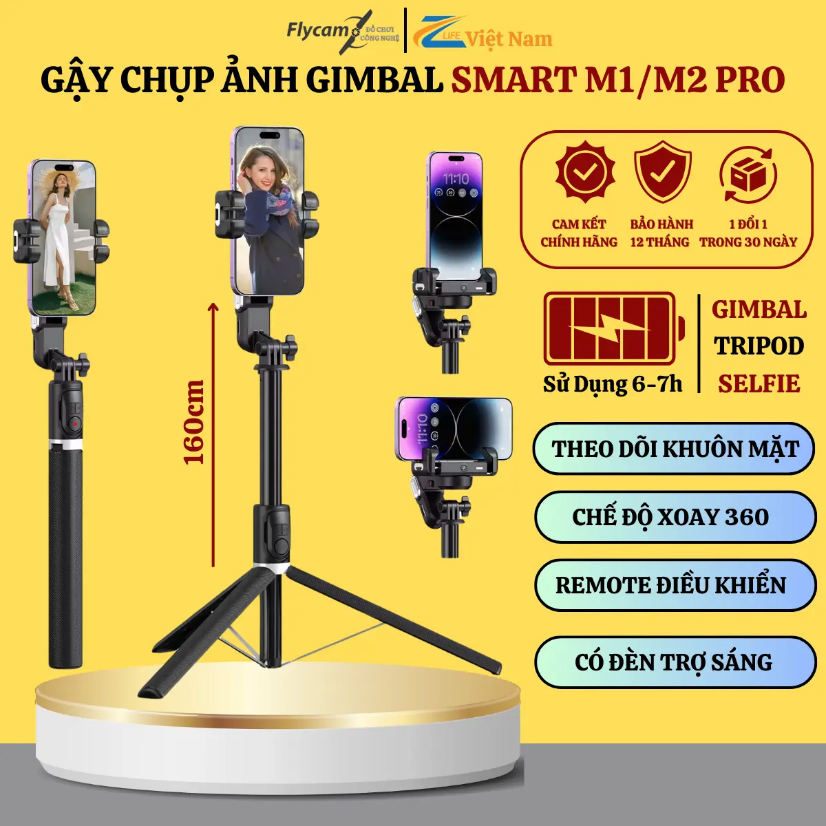 Gimbal Chống Rung AOCHUAN Smart M1/M2 , Tripod Chống Rung Quay Phim, Gậy Chụp Ảnh Cao Cấp Chính Hãng Phụ Kiện Selfie