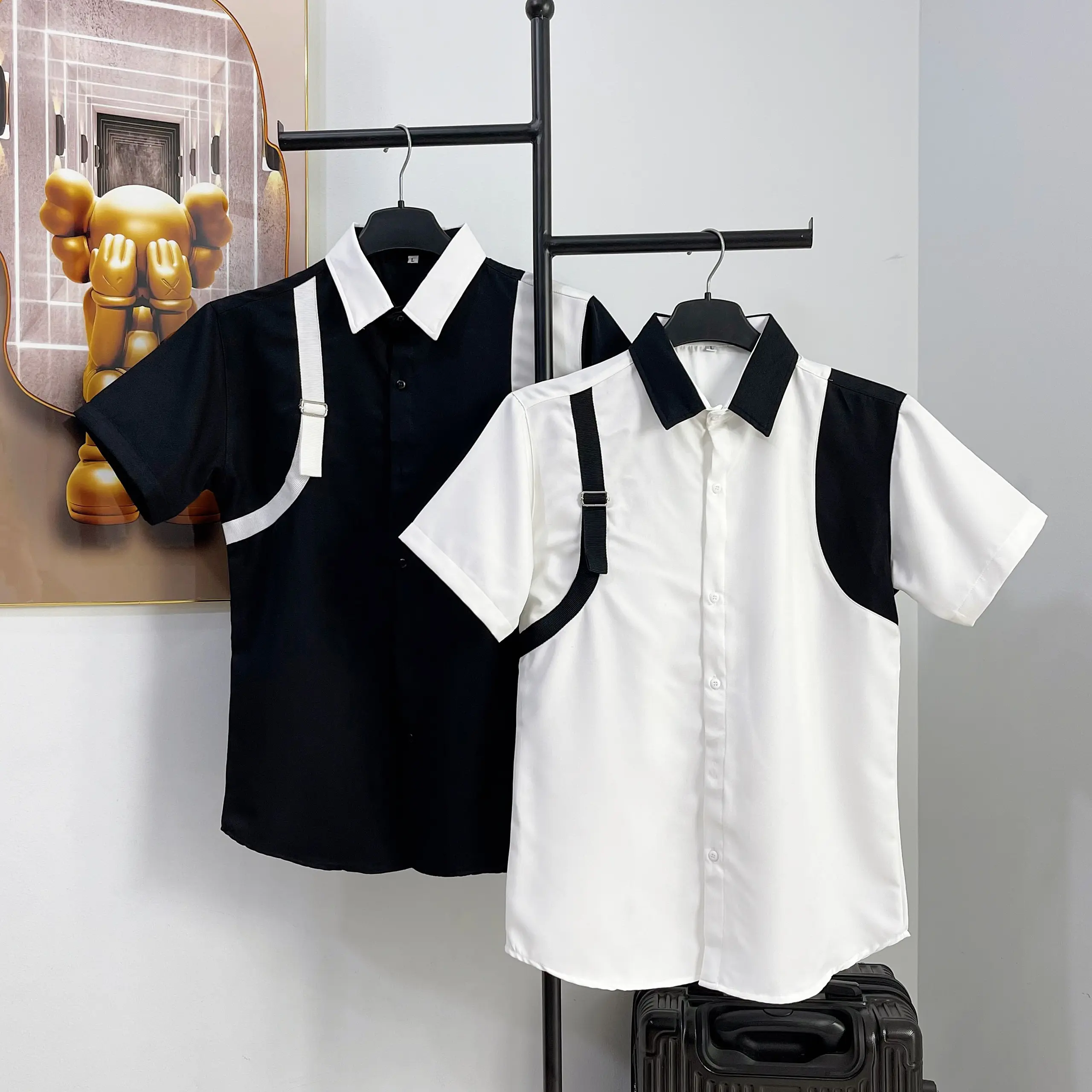 Áo sơ mi nam tay ngắn boy phố phối đai vai chất thun cotton co dãn dày dặn mẫu mới cao cấp-TANH-SHOP Menswear Cổ Tròn