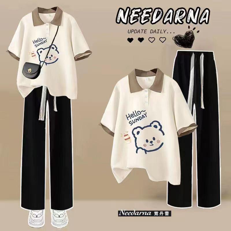 Bộ Đồ Phong Cách Preppy, Bộ Đồ Hai Mảnh Cho Nữ, Áo Phông ngắn Tay Cổ Polo Hình Gấu Dễ Thương, Quần Ống Rộng Thường Ngày Hàng Mới Về Mùa Hè Năm 2024 5