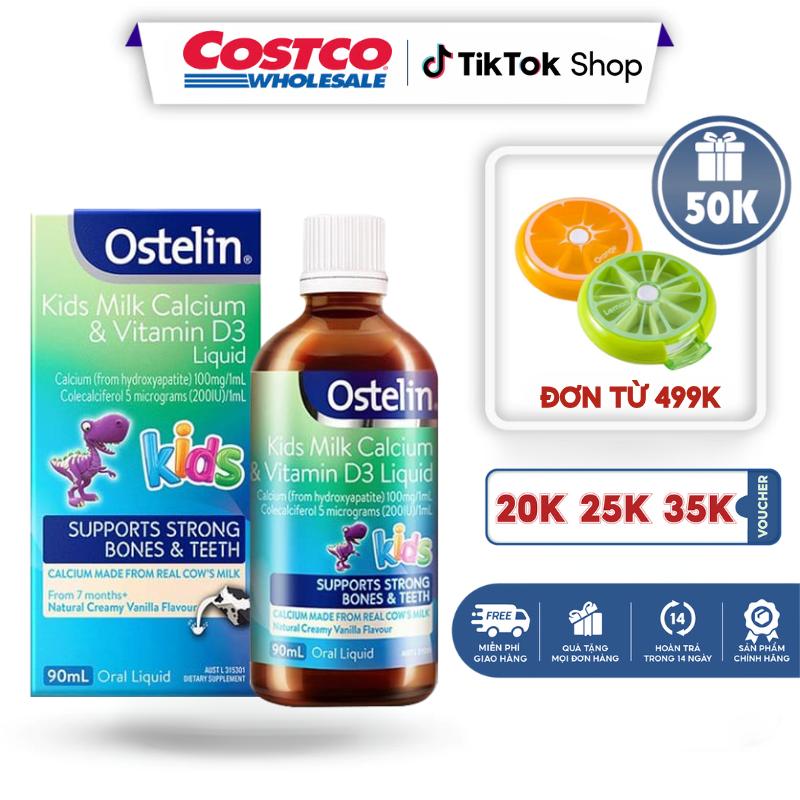 Ostelin Kids Milk Calcium & Vitamin D3 200IU Liquid 90ml cho bé từ 7 tháng tuổi dạng nước chống còi xương tăng chiều cao, bổ sung Canxi Men Vi Sinh
