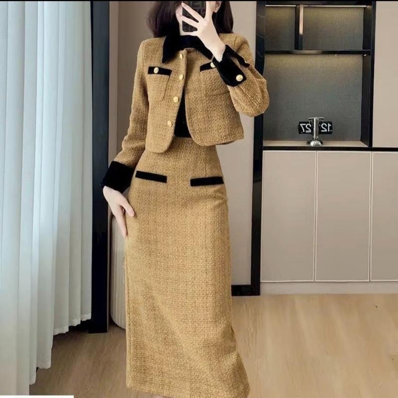 Sét áo Chân váy dạ áo dạ Tweed áo Khoác dạ Cổ Tàu dáng ngắn tiểu thư áo cardigan dạ dày dặn Màu Ánh Vàng C8011 áo dạ Nữ Women setáoống quầnsuông đồ tingoan Top váy trễvai Jacket Có Cổ