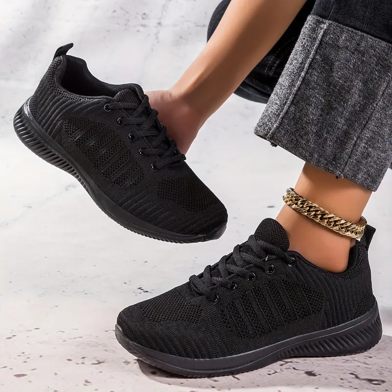 Women's Breathable Running Trainers, Solid Color Lace Up Low Top Sneakers, Casual Lightweight Walking Sports Shoes 5