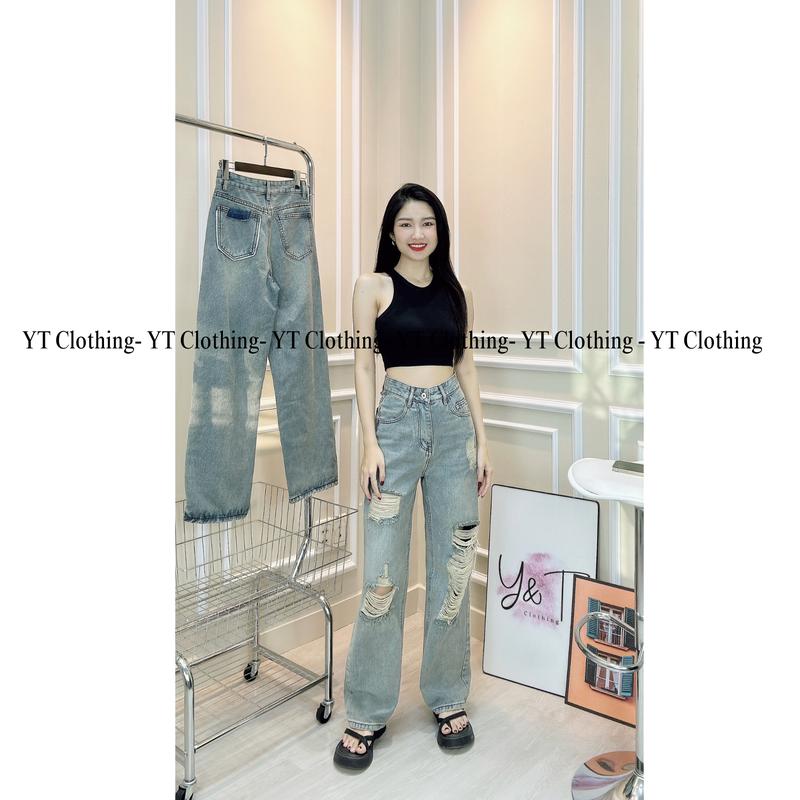 XÃ KHO NGHỈ BÁN Quần Jeans Nữ Ống Suông Quảng Châu, Rách Đùi, Lưng Cao 3