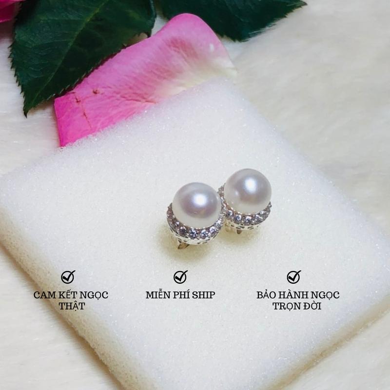 Bông tai ngọc Bán cầu 8-9li màu Trắng Kiểu một dòng xoàn 8