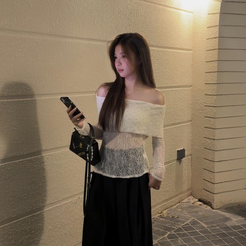 Áo ren đính đá trễ vai dài tay chất thun ren mềm xuyên thấu_Linhchi.studio