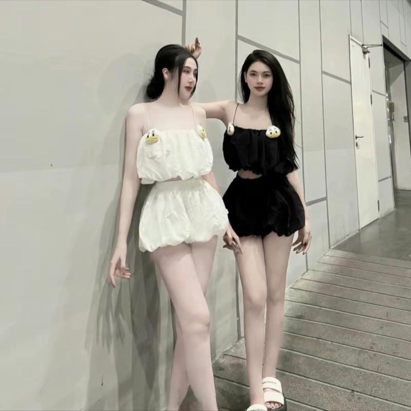 V1-Set thiết kế quần bí kèm áo Bí PHỒNG 2 lớp dây bún đính vịt -Nữ Women Top