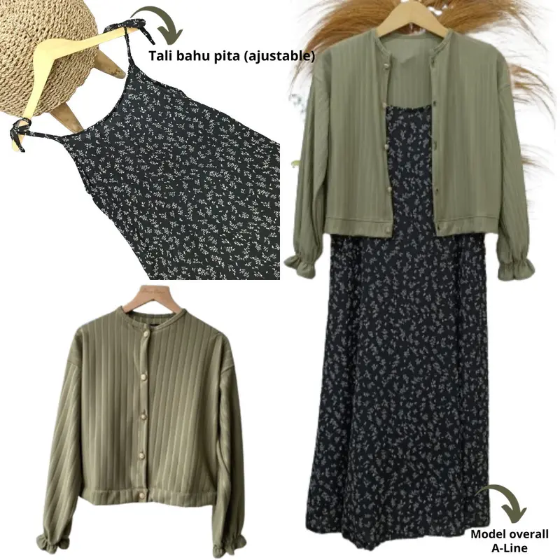 sheraa.id | SETELAN WANITA OVERALL MIX CARDIGAN / Atasan CARDY Kancing Crop KNIT HORNET Outer MIX OVERALL DRESS Panjang MOTIF FLORAL KOREAN STYLE 6