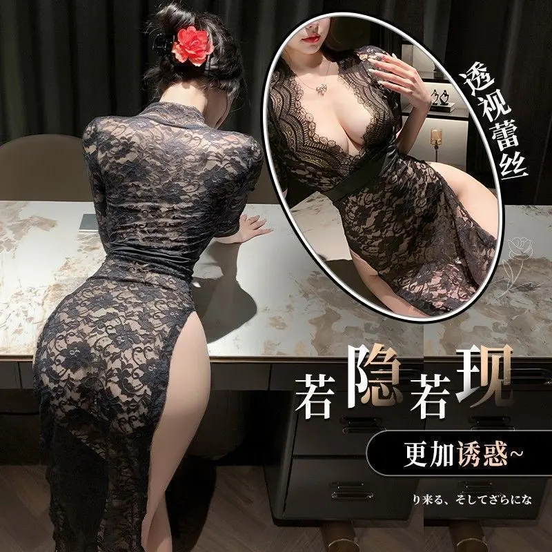 Áo Choàng Chiến Đấu Phong Cách Cổ Điển Dành Cho Phụ Nữ Trưởng Thành, Dài Vừa Vặn Mỏng Vừa Vặn, Váy Dài, Sườn Xám, Quyến Rũ Gợi Cảm, Váy Ngủ Ren, Xuyên Thấu, Phổ Biến, Thời Trang Mới Năm 2025