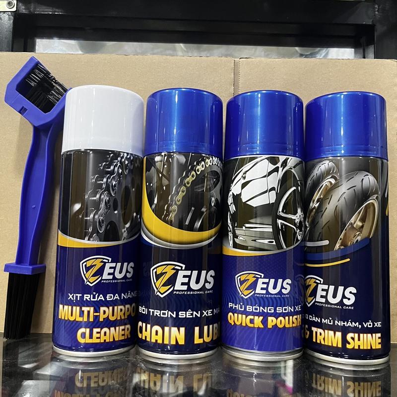 Combo Chăm Sóc Xe Zeus Gồm Vệ Sinh Sên, Dưỡng Sên, Làm Mới Nhựa Nhám, Phủ Bóng Sơn Tặng Bàn Chải Sên 3D