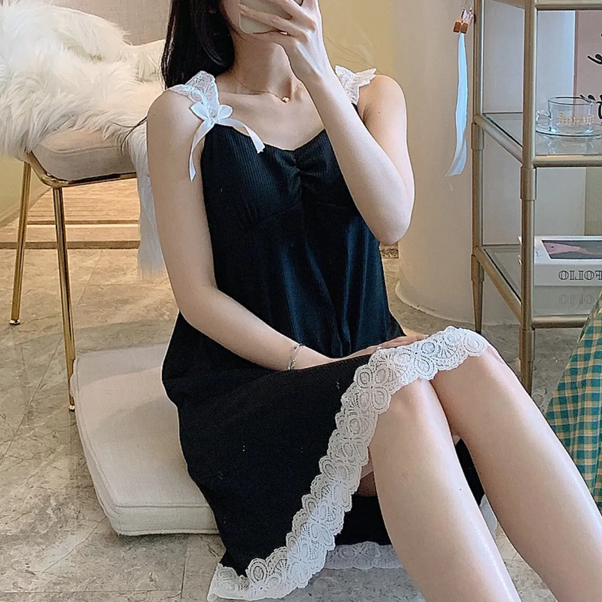 Váy Ngủ Nữ, Hàng Mới Về Mùa Xuân / Mùa Hè, Có Đệm Ngực, Họa Tiết Sợi Ren, Kiểu Trượt, Thích Hợp Mặc Nhà