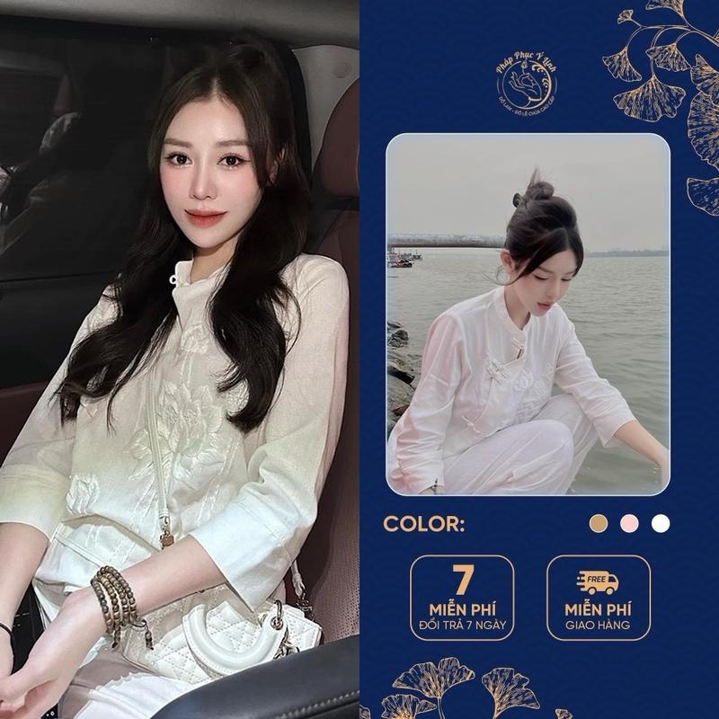 Pháp Phục Đi Chùa Đũi Cổ Tàu Thêu Nổi Cao Cấp - Quần Áo Đi Chùa - Bộ Đồ Lam Đi Chùa Nữ Women Top Voi Cat