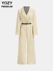 YOZY Women's Solid Belted Lapel Shirt Jumpsuit, Elegant Long Sleeve Zipper Jumpsuit for Work Office Business, Ladies Fall & Winter Clothes