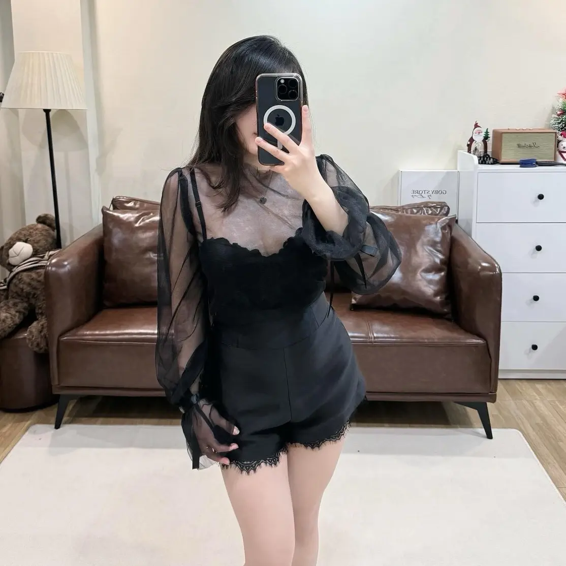 @gobystore Áo ren lưới tay buộc nơ và Quần tafta cạp cao viền ren BYGOBYSTORE