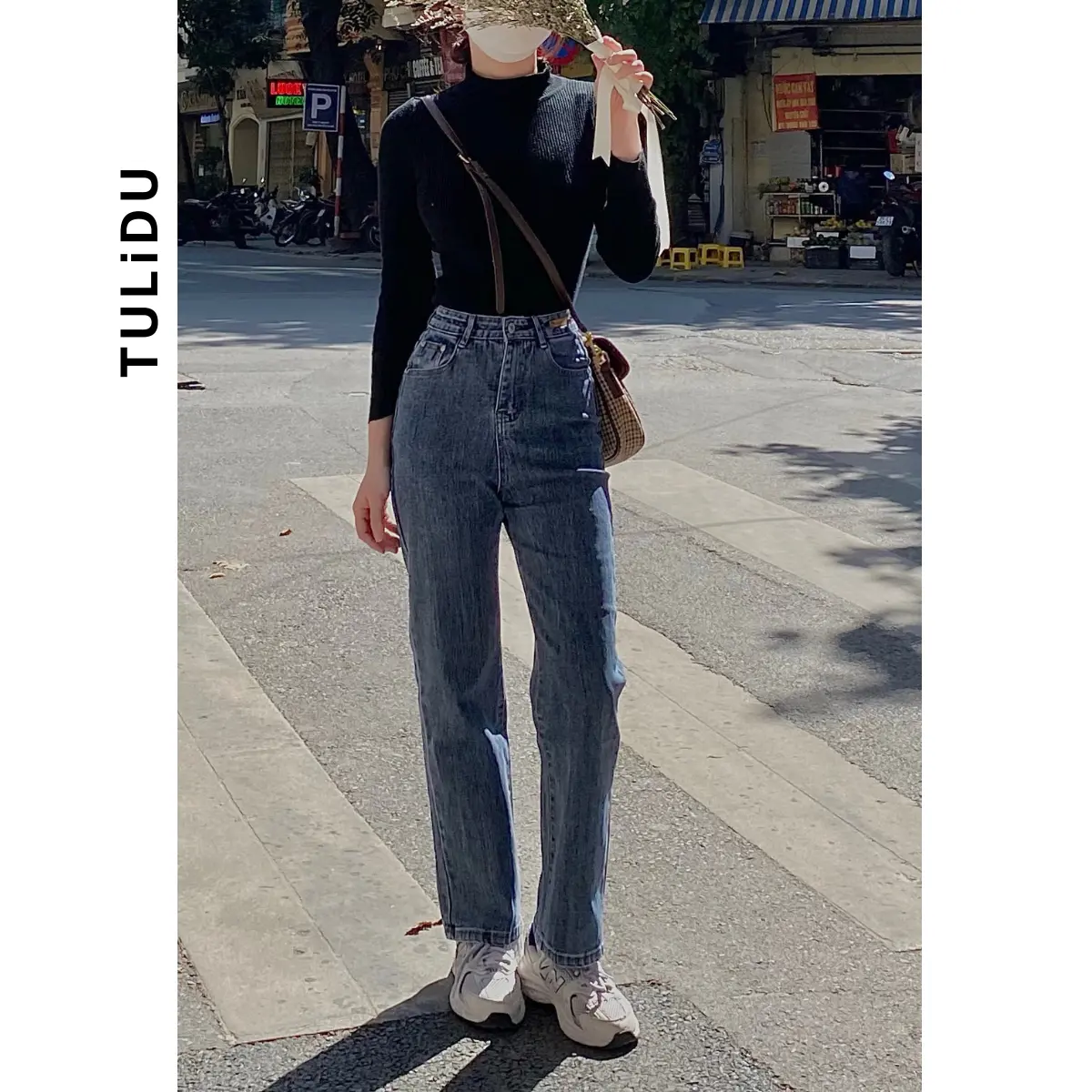 Quần Jean Ống Đứng Nữ Ghi sáng Lưng Cao Co Giãn Tulidu Pants Denim