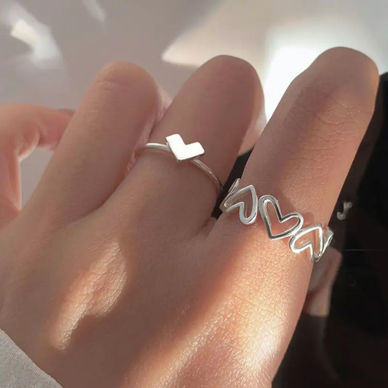 1Set Fashion Personality Heart Shape Hollow Out  Color Open Ring for Women Simple Clean Ins Style Adjustable Ring Trendy Girls