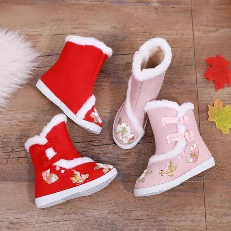 Giày nhung cổ, bốt cotton mùa đông, bốt Hanfu, giày thêu bé gái, giày Tết trẻ em, giày cotton trang phục phong cách Trung Hoa đáng yêu cho bé gái