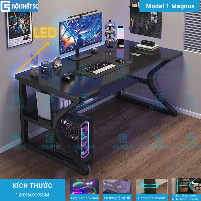 Bàn gaming, bàn làm việc Nội Thất 5C -Model 1 chân chữ K cong hộp 2x4cm sơn tĩnh điện kèm kệ lửng, bàn để PC laptop có 2 nắp luồn dây điện, chịu lực tốt, mặt bàn gỗ mdf dày 15mm thiết kế gaming cá tính [Nội Thất 5C]