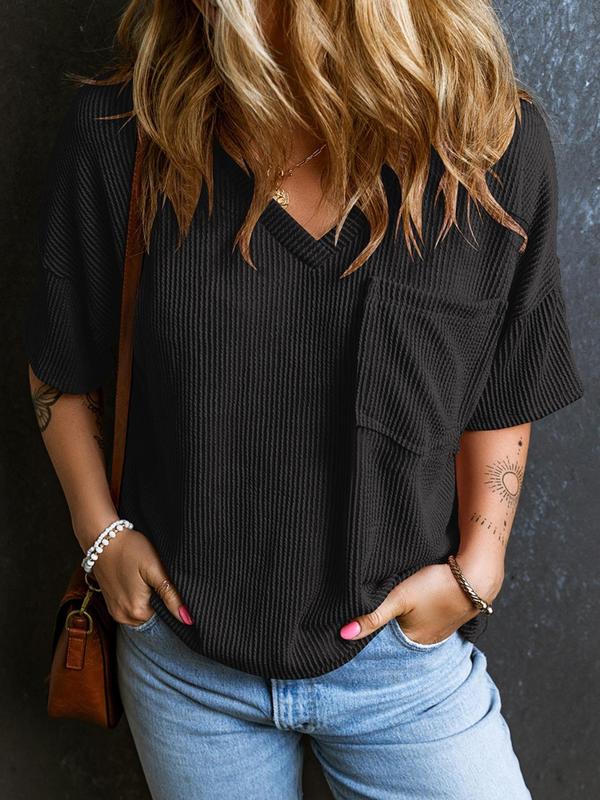 Women's Plain Textured Pocket V Neck Tee, Casual Minimalist Drop Shoulder Half Sleeve T-shirt for Summer, Ladies Clothes for Daily Wear, Cute Tops, Cute Tops, Tshirt, Womenswear 2