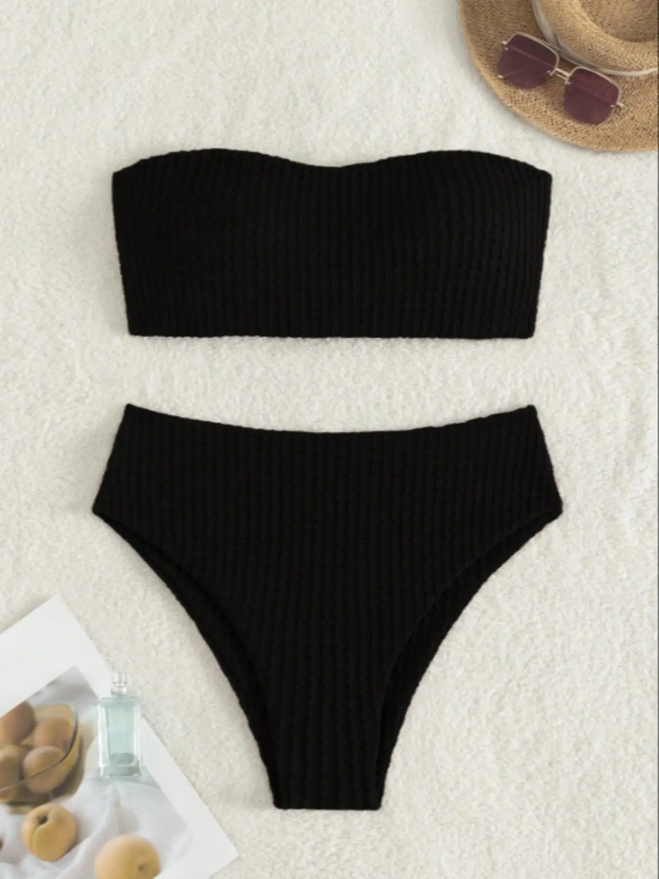 Two-Piece Set Women's Solid Color Ribbed Bandeau Bikini Set, High Stretch Casual Fashion Chic Lace Up Backless Strapless Swim Top & Swim Bottom for Beach Holiday Vacation, Ladies Swimwear for All Seasons