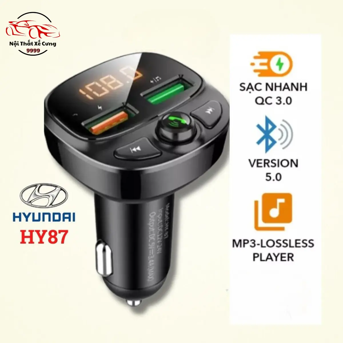 Tẩu Nghe Nhạc Bluetooth Kiêm Sạc Nhanh Hyundai HY-87 Sạc Pin, Nghe Điện Thoại Rãnh Tay Phụ Kiện