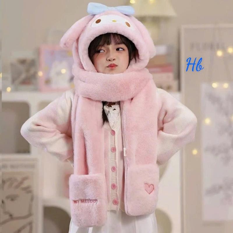Mũ lông kuromi,melody,cinamorol chùm đầu 3in1 có khăn quàng cổ,găng tay dày dặn mềm mịn cho người lớn và trẻ em Voi 1