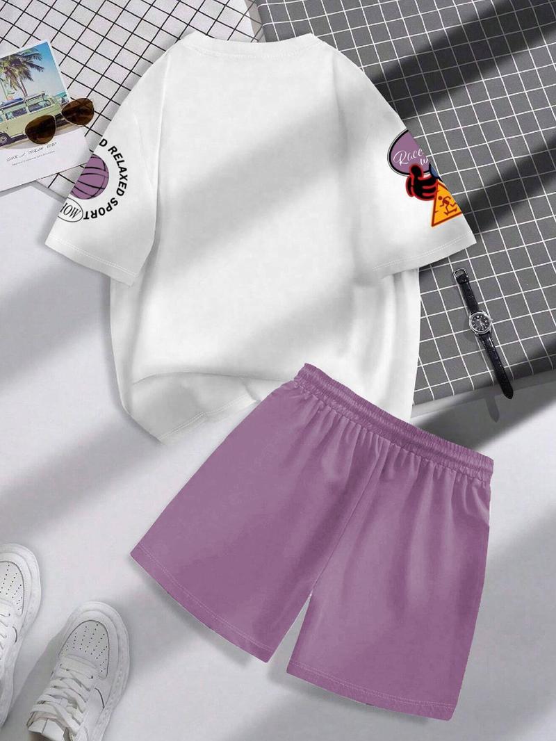 Product Introduction of Men's Letter Print Short Sleeve Tee & Shorts Two-piece Set, Regular Fit Round Neck T-shirt & Track Shorts, Casual Fashion Cozy Breathable Men Two-piece Outfits for All Seasons 7
