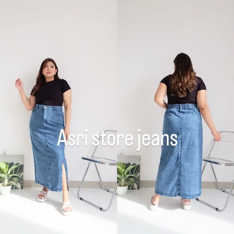 Rok span jeans size 4-6XL varian belah dan sobek pinggang karet - rok body sexy plus varian baru Wanita Panjang 8