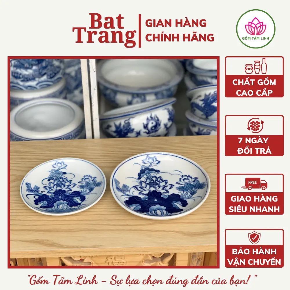 Đĩa thờ cúng, đĩa đựng trầu cau, đĩa xin đài âm dương vẽ hoa sen men xanh trắng Bát Tràng