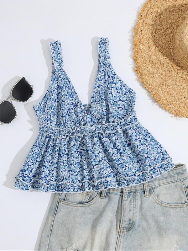 Women's Ditsy Floral Print Frill Trim Shirred Peplum Cami Top, Boho Fashion Deep V Neck Top for Daily Holiday Vacation Wear, Bohemian Tops for Women, Ladies Clothes for Summer, Womenswear 6