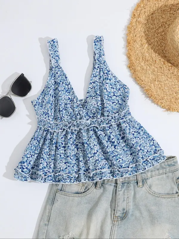 Women's Ditsy Floral Print Frill Trim Shirred Peplum Cami Top, Boho Fashion Deep V Neck Top for Daily Holiday Vacation Wear, Bohemian Tops for Women, Ladies Clothes for Summer, Womenswear, Summer Tops 6