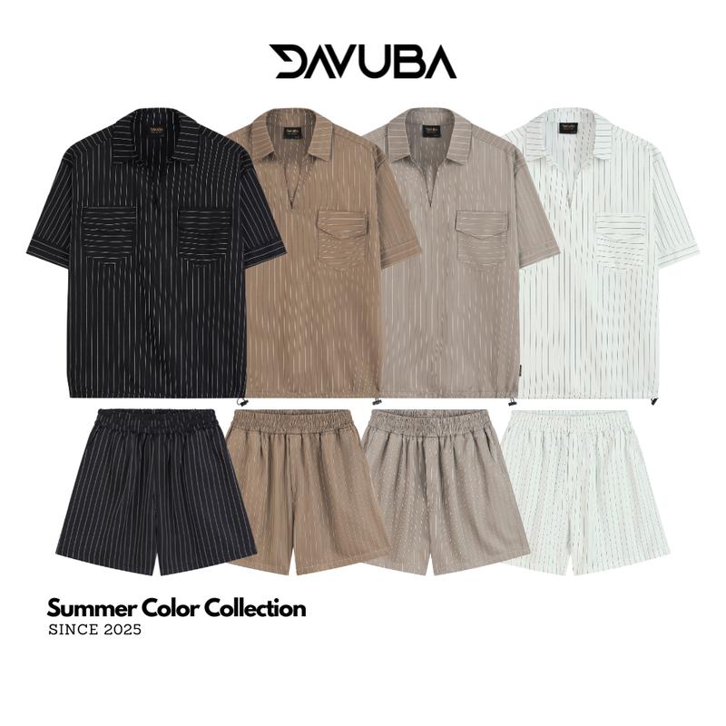  DAVUBA -  Deal Mở Bán  Bộ quần áo cổ V nam kẻ sọc 2 túi cộc tay SM142 