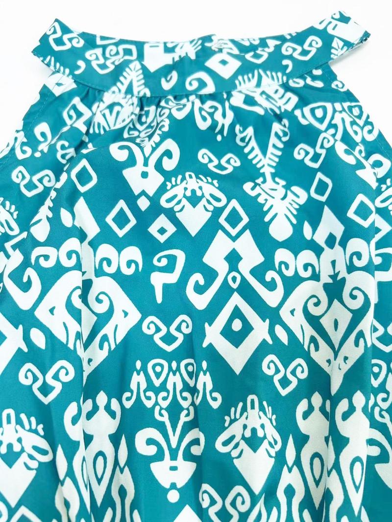 Product Introduction of Women's All Over Print Belted A Line Dress, Casual Sleeveless Keyhole Neckline Long Dress for Spring & Fall, Women's Clothing for Daily Wear 7